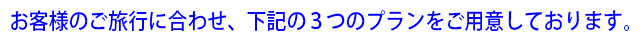 お客様のご旅行に合わせ、下記３つのプランをご用意しております。